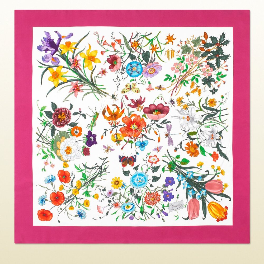 New Gucci Scarf Floral 1 Print Iconic Multicolor Pink Border Silk Wrap
